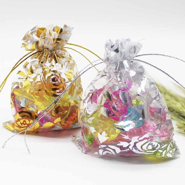 gift wrap 50pcs colorful organza bag iron heart rose special design pounch package wedding promotion gifts candy jewelry